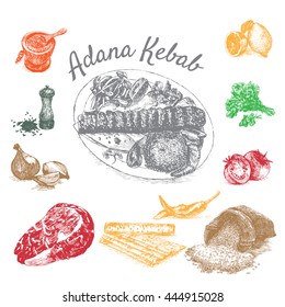 Vector illustration of adana kebab ingredients. Hand drawn colorful illustration on white background