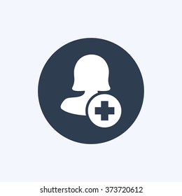 Vector illustration of add  female user action icon . Could be used as menu button, user interface element template, badge, sign, symbol, company logo, mobile application element