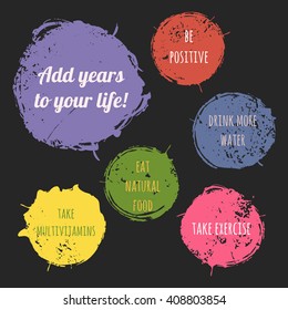 Vector illustration of "Add years to your life!" advice. Grunge icons set. Infographics style. Fully editable collection for presentations, banners, advertising and your other projects.