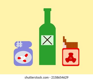 vector illustration addiction pack alcohol, drug pills, and cigarretes. Bad habit smoker, drunker, junkies. flatdesign good for element design
