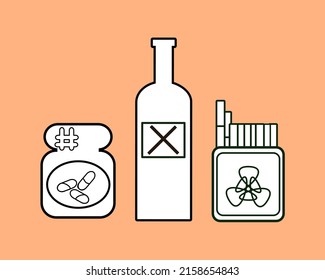Vektorgrafik Sucht Pack Alkohol, Medikamente Tabletten und Cigarretes. Schlechter Gewohnheitsraucher, Betrunker, Junkies. Linienart gut für die Elementgestaltung