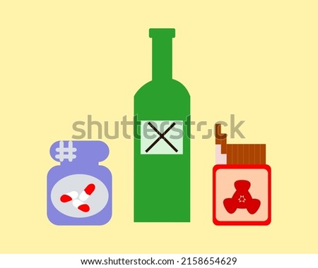 vector illustration addiction pack alcohol, drug pills, and cigarretes. Bad habit smoker, drunker, junkies. flatdesign good for element design