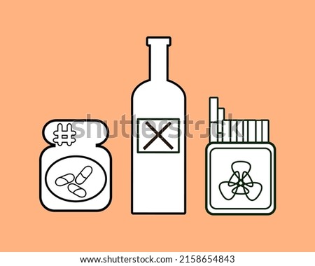vector illustration addiction pack alcohol, drug pills, and cigarretes. Bad habit smoker, drunker, junkies. line art good for element design