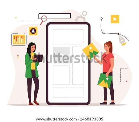 Vector illustration of adding image. Cartoon scene of a girl holding a tablet and a girl adding an image to a document on a smartphone isolated on a white background. Creating a mobile application.