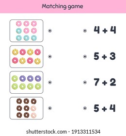 Vector illustration. Addition. Matching game. Donuts. Worksheet for kids kindergarten, preschool and school age.
