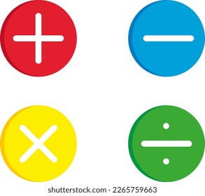 Vector illustration of addition, subtraction, multiplication and division math symbol. Calculations and mathematical operations. Algebra, science and education. Calculations and computation icon. 