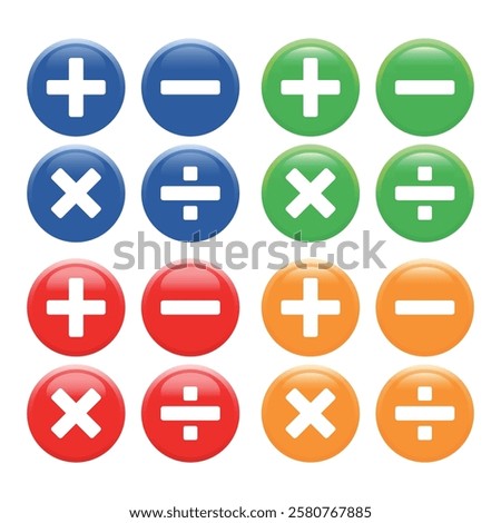 Vector illustration of addition, subtraction, multiplication and division mathematical symbols on white background. For educational books.