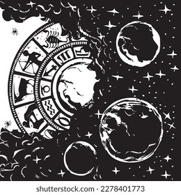 Vector illustration addressed to astrology explaining the impact of celestial bodies on the earthly world and man.