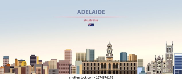 Vector illustration of Adelaide city skyline on colorful gradient beautiful day sky background with flag of Australia