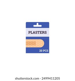 Vector illustration of adhesive plaster packaging on isolated background. This essential medical item is designed to provide effective first aid in a variety of situations. Flat style.