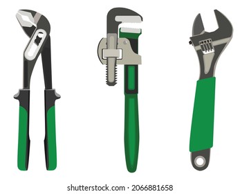 Vector illustration of adjustable spanner and wrench, green worker tools set