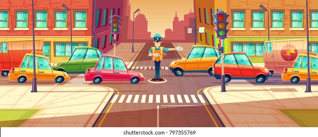 Vector Illustration Of Adjusting City Crossroads In Rush Hour, Traffic Jam, Transport Moving, Vehicles By Crossing Guard. Urban Highway Regulation, Crosswalk With Traffic Lights, Machines