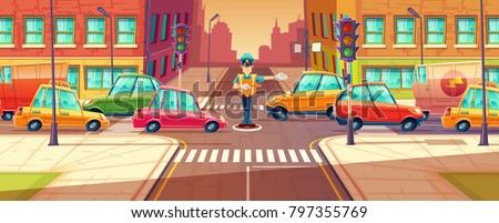 Vector illustration of adjusting city crossroads in rush hour, traffic jam, transport moving, vehicles by crossing guard. Urban highway regulation, crosswalk with traffic lights, machines
