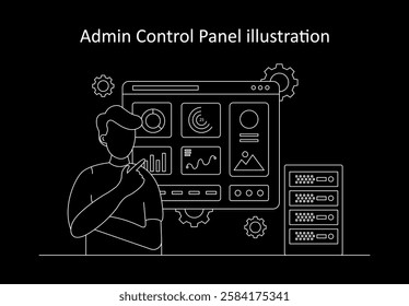 Vector illustration for an admin control panel. A system administrator analyzing data and statistics on a digital dashboard with server infrastructure.