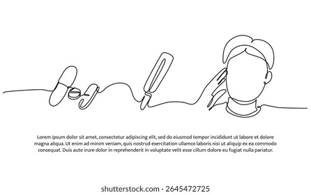 Ilustração vetorial da administração de medicação aos pacientes. Plano moderno em estilo de linha contínua.
