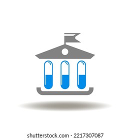 Vector Illustration Of Administrative Building With Flag And Pills Capsules Columns. Icon Of FDA Food Drugs Administration. Symbol Of Medicine Pharmacy Law Public Sector Building.