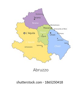 Vector illustration: administrative map of  Abruzzo with the borders of the provinces. Names of cities, regions and communes of Abruzzo