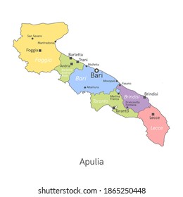 Vector illustration: administrative map of Apulia with the names of cities and provinces.