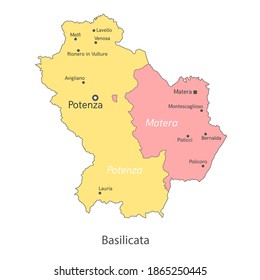 Vector illustration: administrative map of Basilicata with the names of cities and provinces.