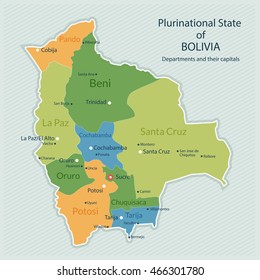 Vector illustration of administrative map of Bolivia. Capital of country, departments and big cities. Flat design, clean look