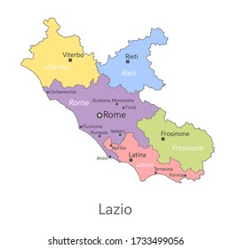 Vector illustration: administrative map of  Lazio with the borders of the provinces. Names of cities, regions and communes of Lazio