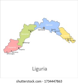 Vector illustration: administrative map of Liguria with the names of cities and provinces.