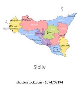 Vector illustration: administrative map of Sicily with the borders of the provinces. Names of cities, regions and communes of Sicily