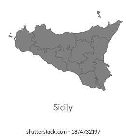 Vector illustration: administrative map of Sicily with the borders of the provinces. Names of cities, regions and communes of Sicily
