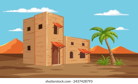 Vector illustration of adobe houses in a desert