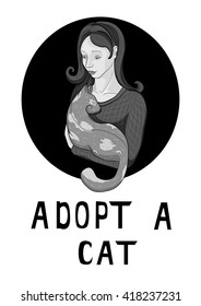 Vector illustration, Adopt a cat. The girl holds on hands of a cat