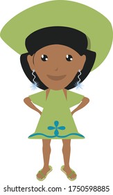 Vector Illustration Adorable African Woman in Green Dressn and Hat