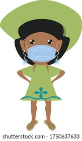 Vector Illustration Adorable African Woman in Green Dressn and Hat and a Blue Face Mask