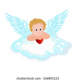 Vector illustration of adorable angel sitting on the cloud