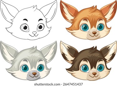 Vector illustration of adorable animal faces in four color variations. Features large eyes, expressive ears, and playful expressions