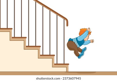 Vector illustration of adorable baby boy jumping down stairs,leaping from height,fun,excitement,safety while playing at home,isolated on white.Evolution of learning,Prevent childhood dangers.
