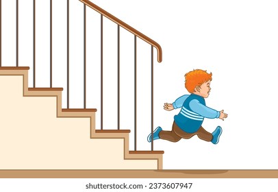 Vector illustration of adorable baby boy running down stairs,run quickly with feeling of fun,excitement,safety while playing at home,isolated on white.Evolution of learning,Prevent childhood dangers.