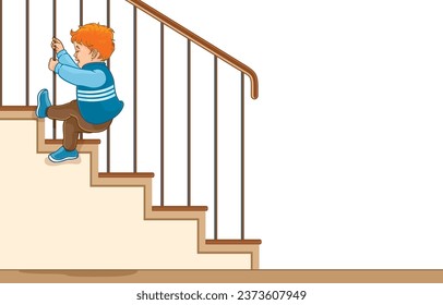 Vector illustration of adorable baby boy climbing stairs,hang up against railing outside,safety while playing at home,isolated on white.Evolution of learning,Prevent dangers from childhood play.