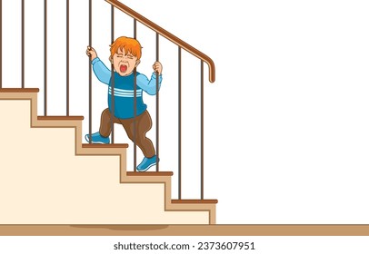 Vector illustration of adorable baby boy gets head stuck between staircase railings,suffering from head injury,safety while playing at home,on white.Learning evolution,Prevent childhood dangers.