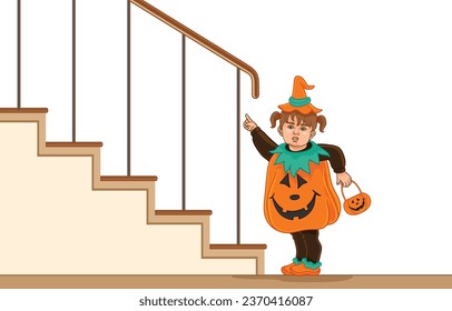 Vector illustration of adorable baby girl wearing pumpkin costume pointing up stairs,safety during halloween,isolated on white.Celebrates Halloween day,Fancy carnival,Fasching,Infant newborn.