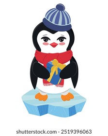 Ilustração vetorial de um adorável bebê pinguim em gorro azul, cachecol vermelho e com presente azul com fita amarela em pé no gelo. Fundo de férias para o Natal, Ano Novo ou aniversário de inverno