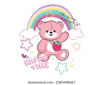 Vector illustration, adorable bear on clouds and rainbows, ideal design for printing, posters, dedications, screen printing, posters, birthdays, etc.