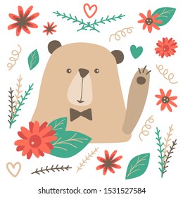 Vector illustration: adorable bear. With a pretty floral pattern, greeting card, illustration for children.
