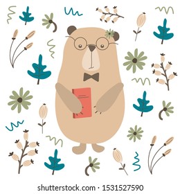 Vector illustration: adorable bear. With a pretty floral pattern, greeting card, illustration for children.