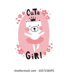 vector illustration, adorable bearm cute girl hand lettering text