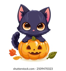 Vector illustration of adorable black kitten with bright orange jack-o-lantern, perfect for Halloween-themed designs