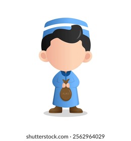 Vector Illustration of an adorable boy character in traditional clothing carrying a bag filled with alms. Suitable for designs with religious themes, charity, or celebrations of the month of Ramadan