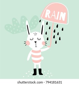 vector illustration of an adorable bunny, holding umbrella, blue background