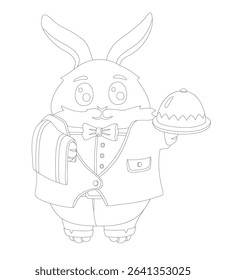 Vector illustration of an adorable bunny waiter holding a tray siolated on a white background