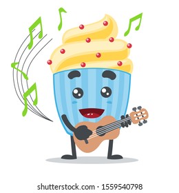 vector illustration of adorable cake mascot playing guitar in white background 