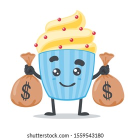 vector illustration of adorable cake mascot holding two sacks of money in white background 